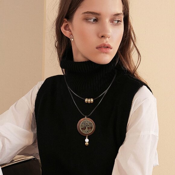 Boho 6-Pc Long Pendant Necklaces Set for Women Vintage Wood Feather Peace - Picture 4 of 7